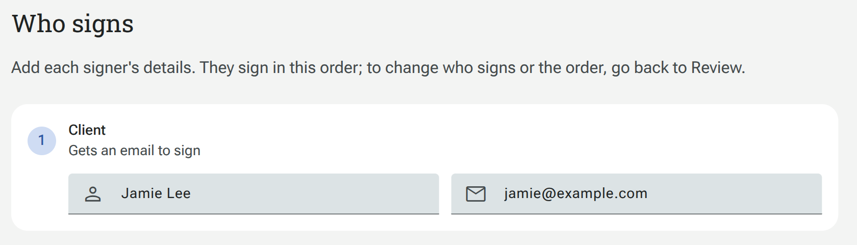 Recipient details in the Who signs step