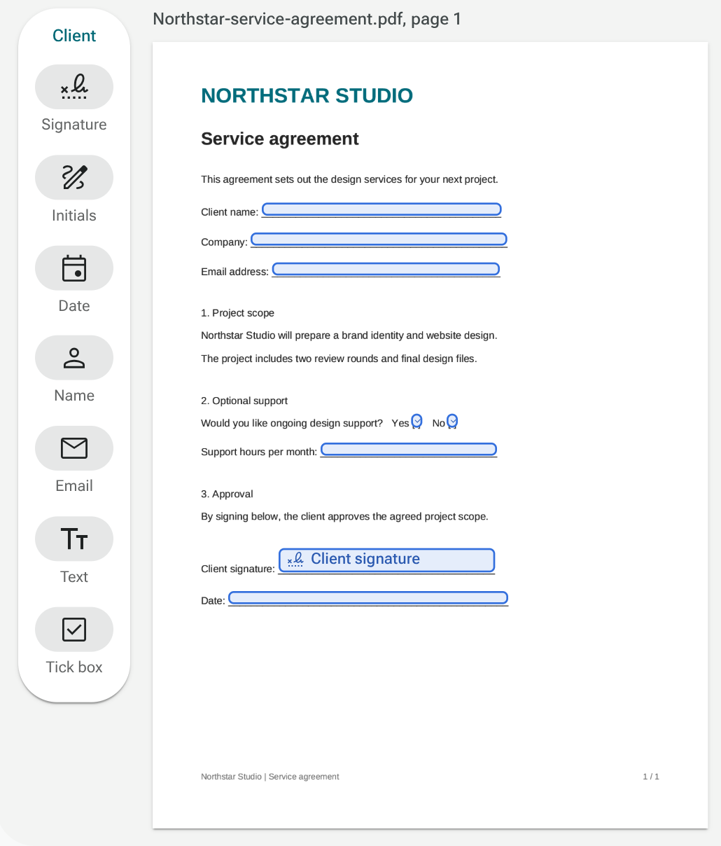 Document field palette and mapped answer boxes on the PDF