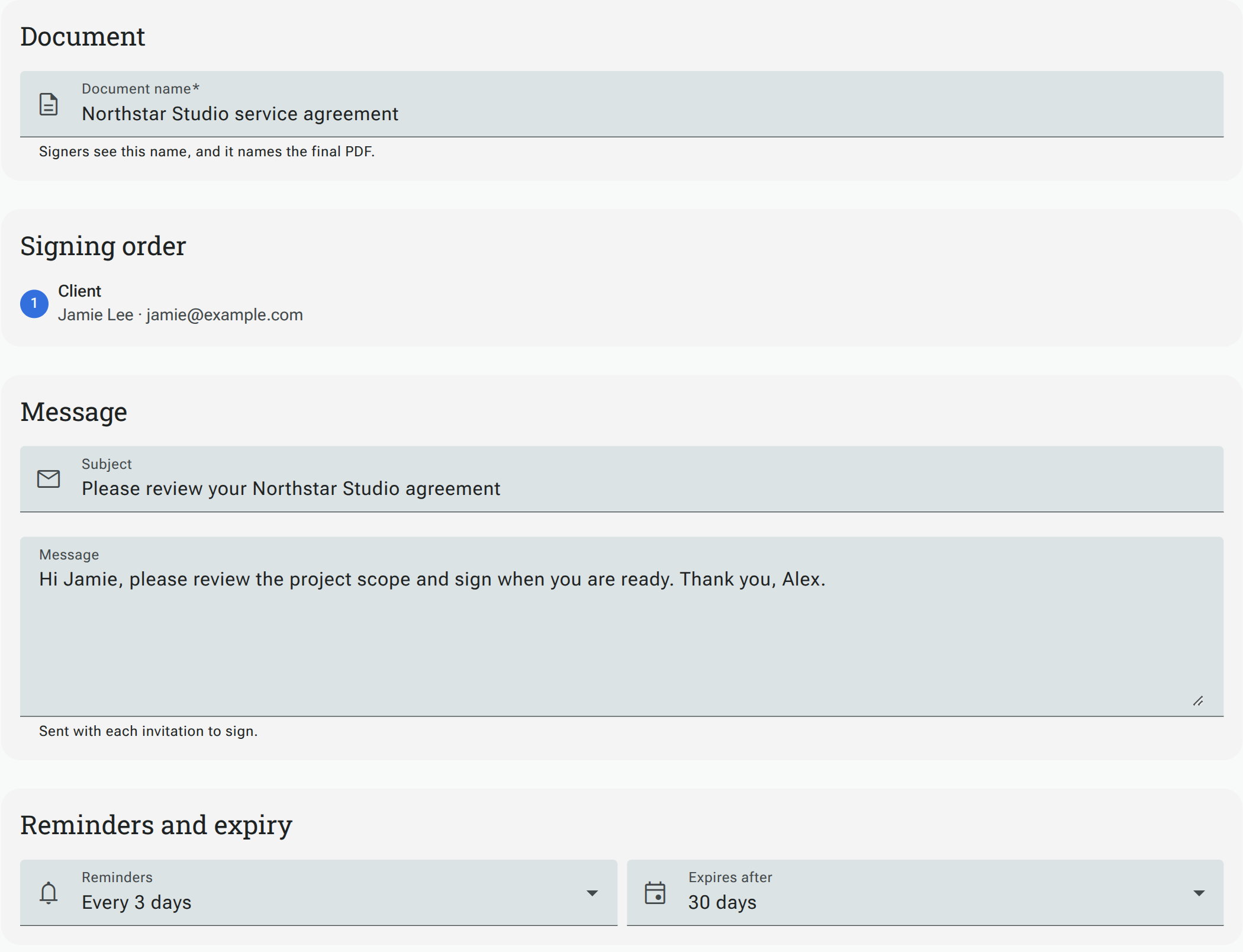 Final review of document name, signing order, invitation message, reminders and expiry