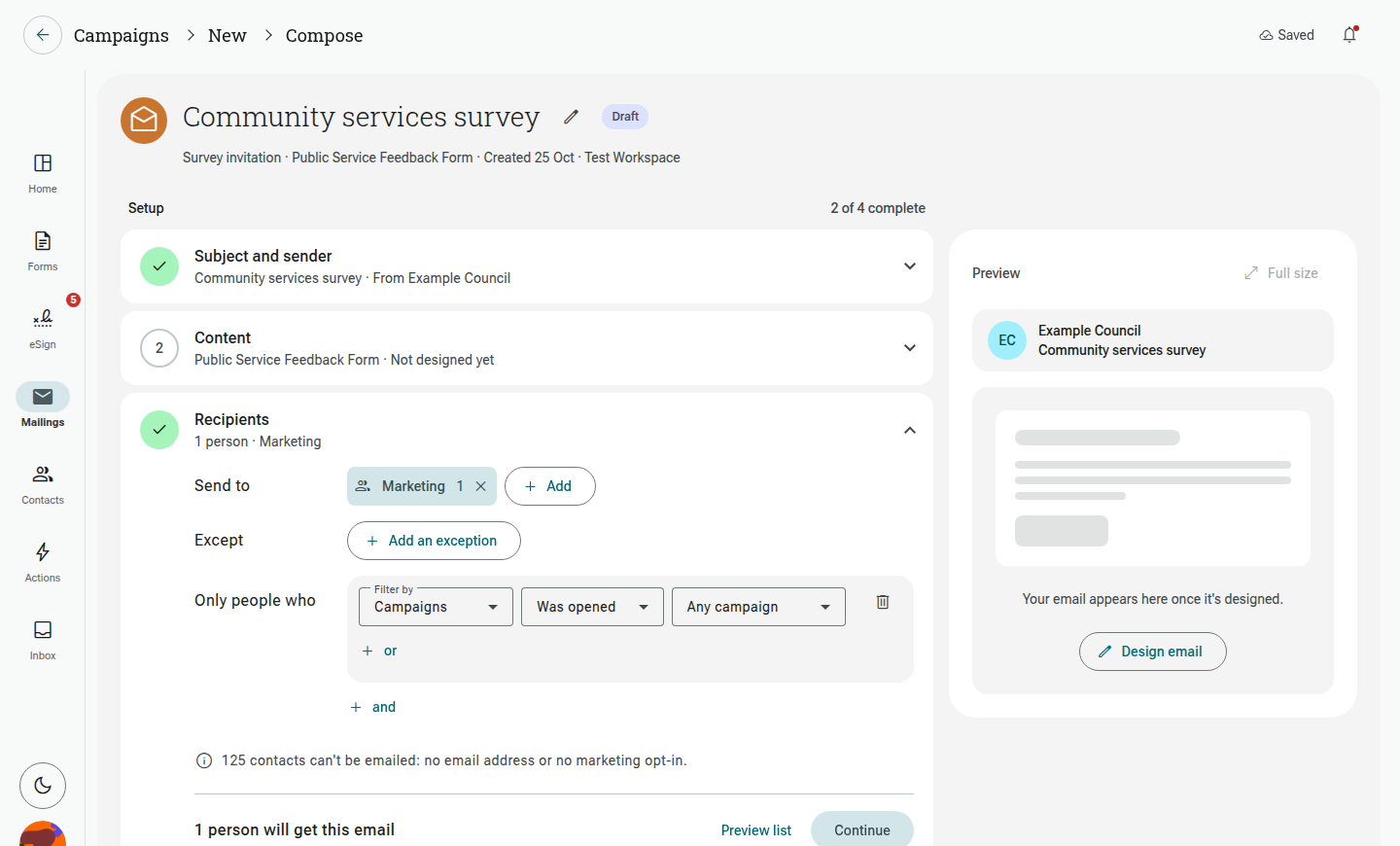 Campaign recipients selected from a group, with an exclusion, filter and preview controls