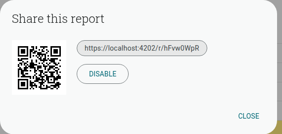 Share this report dialog while the report is public — click Disable here to make it private