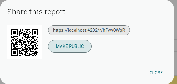Share this report dialog, showing the QR code, URL, and Make Public button