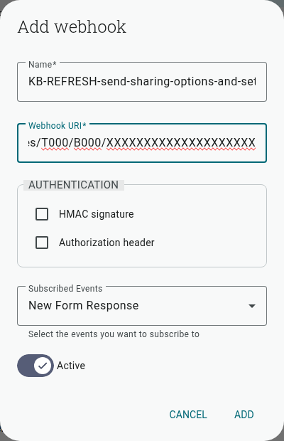 Add webhook dialog, subscribed to New Form Response