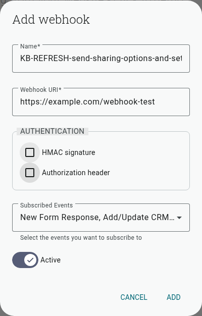 The Add webhook dialog, with Name, Webhook URI, Authentication checkboxes, Subscribed Events, and Active toggle