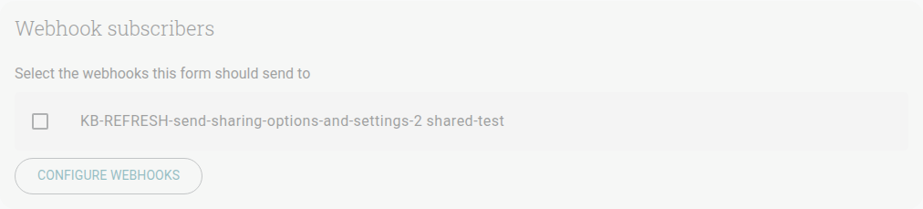 The Webhook subscribers panel on a form's Send page, showing a checklist of the account's webhooks with a Configure webhooks button