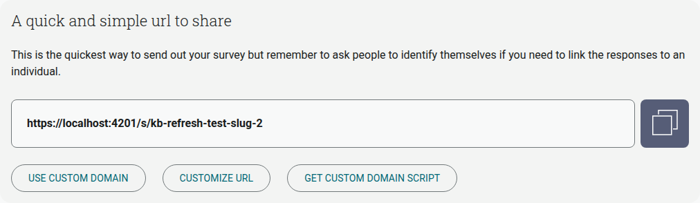 The Get a link (URL) panel on the Send tab, showing the quick share URL and the Use custom domain, Customize URL and Get custom domain script buttons